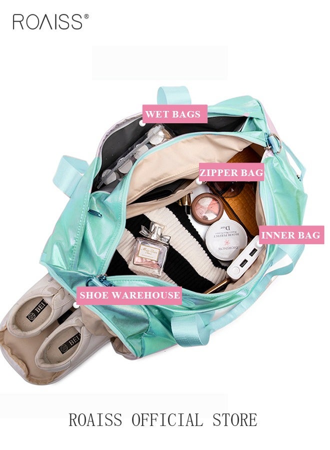 رويس حقيبة سفر كبيرة الحجم مقاومة للماء بتصميم متدرج الألوان، حقيبة كتف، حقيبة سفر قصيرة، حقيبة ملابس، حقيبة رياضية مزودة بحزام لعربة، مناسبة للتمارين الرياضية واللياقة البدنية والرحلات. - Image 3